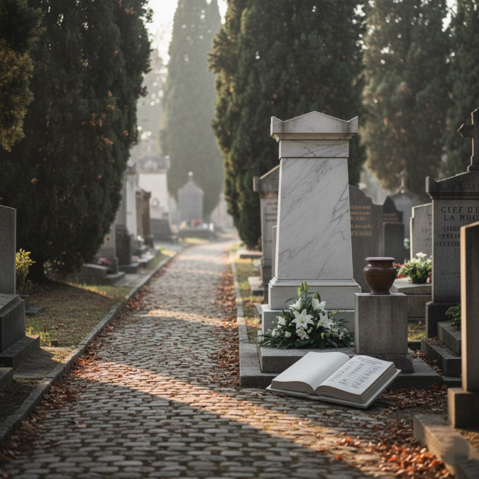 Allée ensoleillée d'un cimetière menant vers un monument funéraire en marbre blanc orné de fleurs de lys et d'un livre ouvert, illustrant les thèmes de la succession et obsèques.